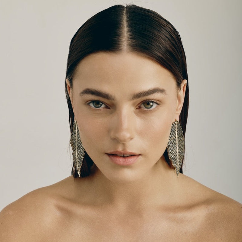 Free Feather Earrings -  Black Crystal | Gold