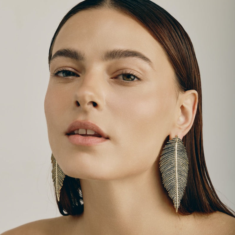 Free Feather Earrings -  Black Crystal | Gold