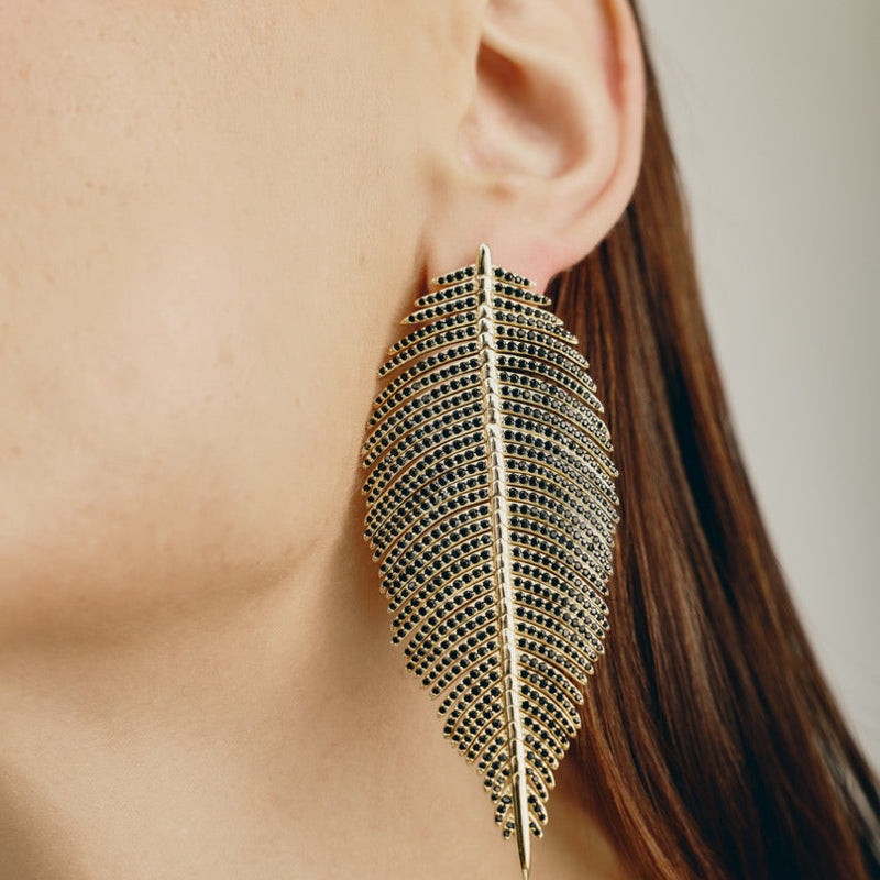 Free Feather Earrings -  Black Crystal | Gold